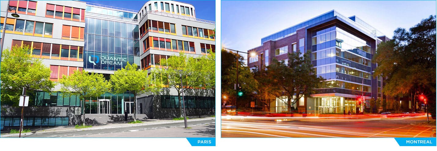 Image contenant les photos des studios de Paris et Montréal de Quantic Dream
